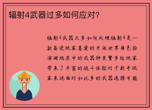 辐射4武器过多如何应对？